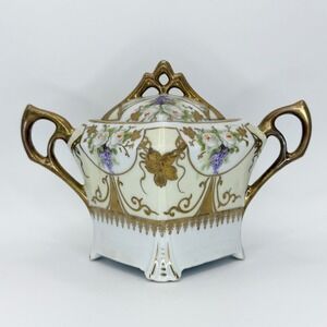 Vintage Silesia Porcelain Sugar Bowl‎ with Lid Gold Gilt Floral Design Coquette